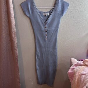 Blue Ribbed Midi Dress with Buttons